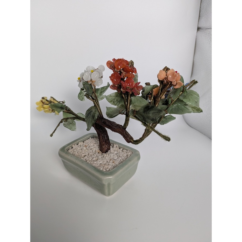 Vintage Chinese Jade Stone Glass Bonsai Mineral Tree Multi Color - Picture 7 of 11